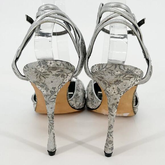 Manolo Blahnik Vintage Silver Brocade Floral Pointed Toe Strappy Heel size IT 39 - Picture 8 of 15